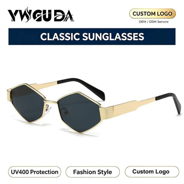 Wholesale Custom OEM Eyewear Fashion Polygonal Diamond-shaped Metal UV400 Sunglasses